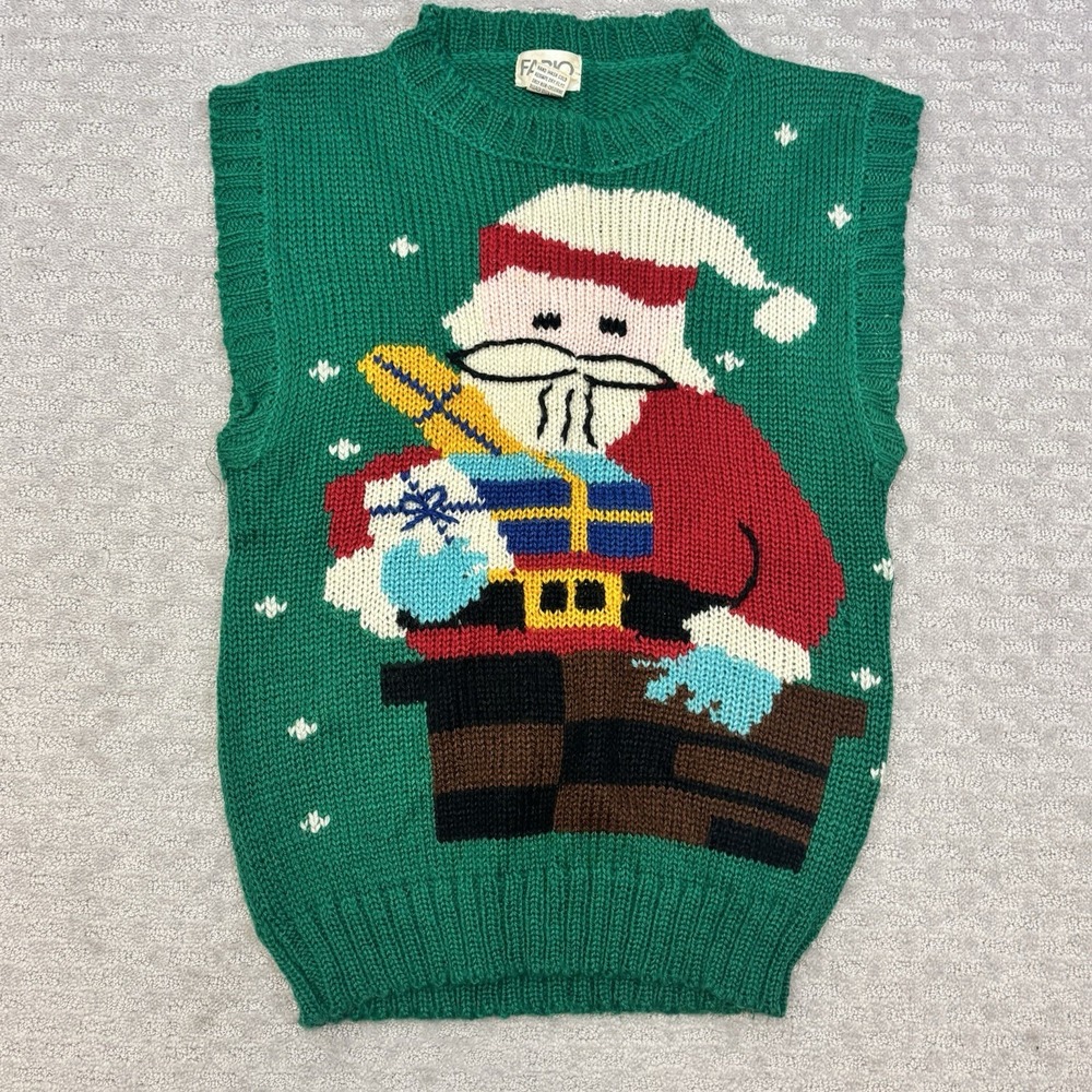 Vintage Christmas Santa Chimney Sweater Vest Green Sz M Knit Ugly Sweater